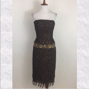 Kay Unger Strapless Silk Metallic Ruched Beaded Fringe Sheath Mini Dress
